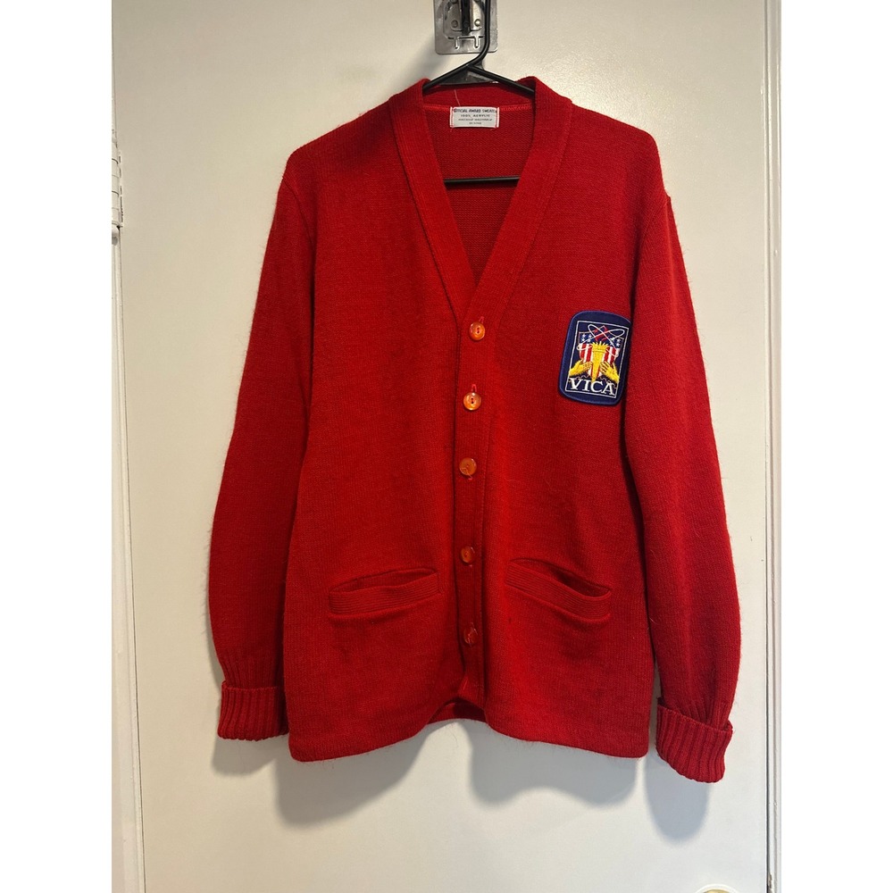 Vintage 80s VICA Award Sweater Collegiate Cardigan SzL Red Knit varsity preppy